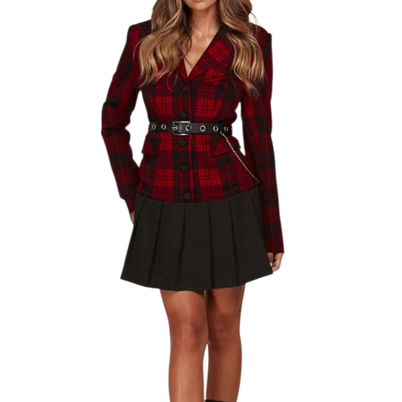 Women's Long Sleeve Button Up Plaid Belted Mini Dress - Picture 5 of 7